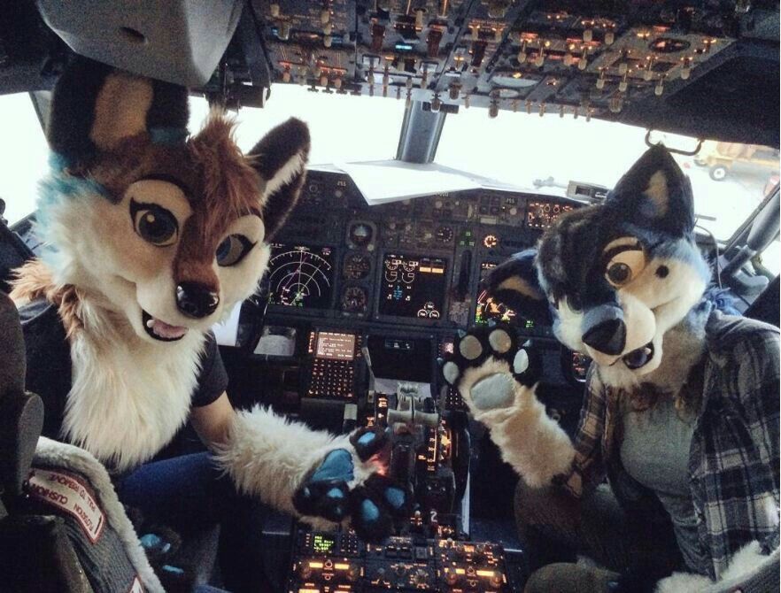 Two furry characters sitting in the cockpit of an airplane, wearing pilot headsets and waving at the viewer